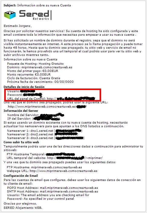 datos de registro en un servidor para el acceso al cpanel