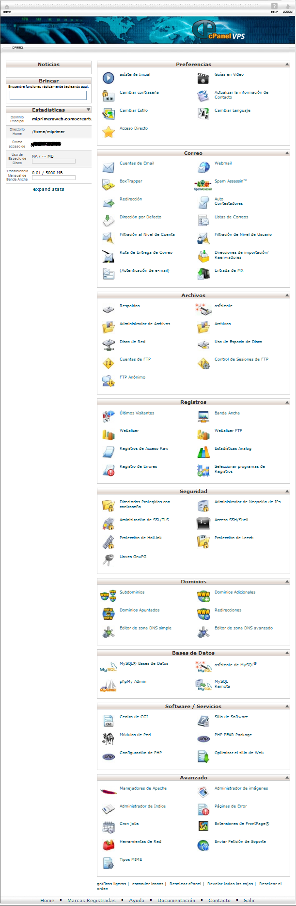 vista completa del menú de un cpanel